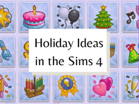 background is of sims 4 holidays icons and then a title in the centre saying "holiday ideas in the Sims 4"