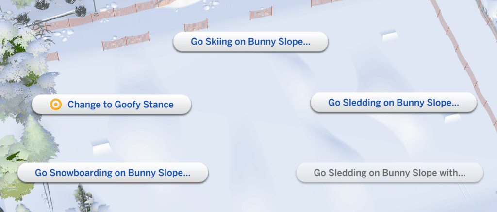 Options from clicking on the Bunny slope showing how to change snowboarding style in the Sims 4